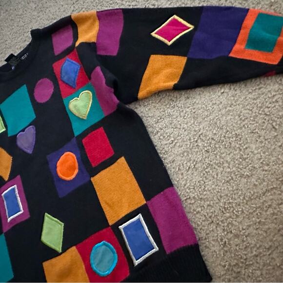 VINTAGE RETRO STYLE MULTI-COLOR PATCHES DESIGN 70’s FUN SWEATER MED - Picture 4 of 12